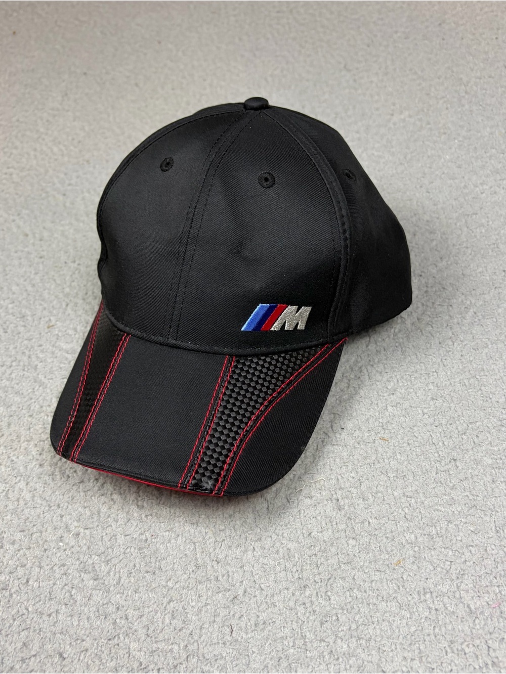 BMW Motorsport Black Cap with M Tricolor Emblem and Red Stitching Adjustable